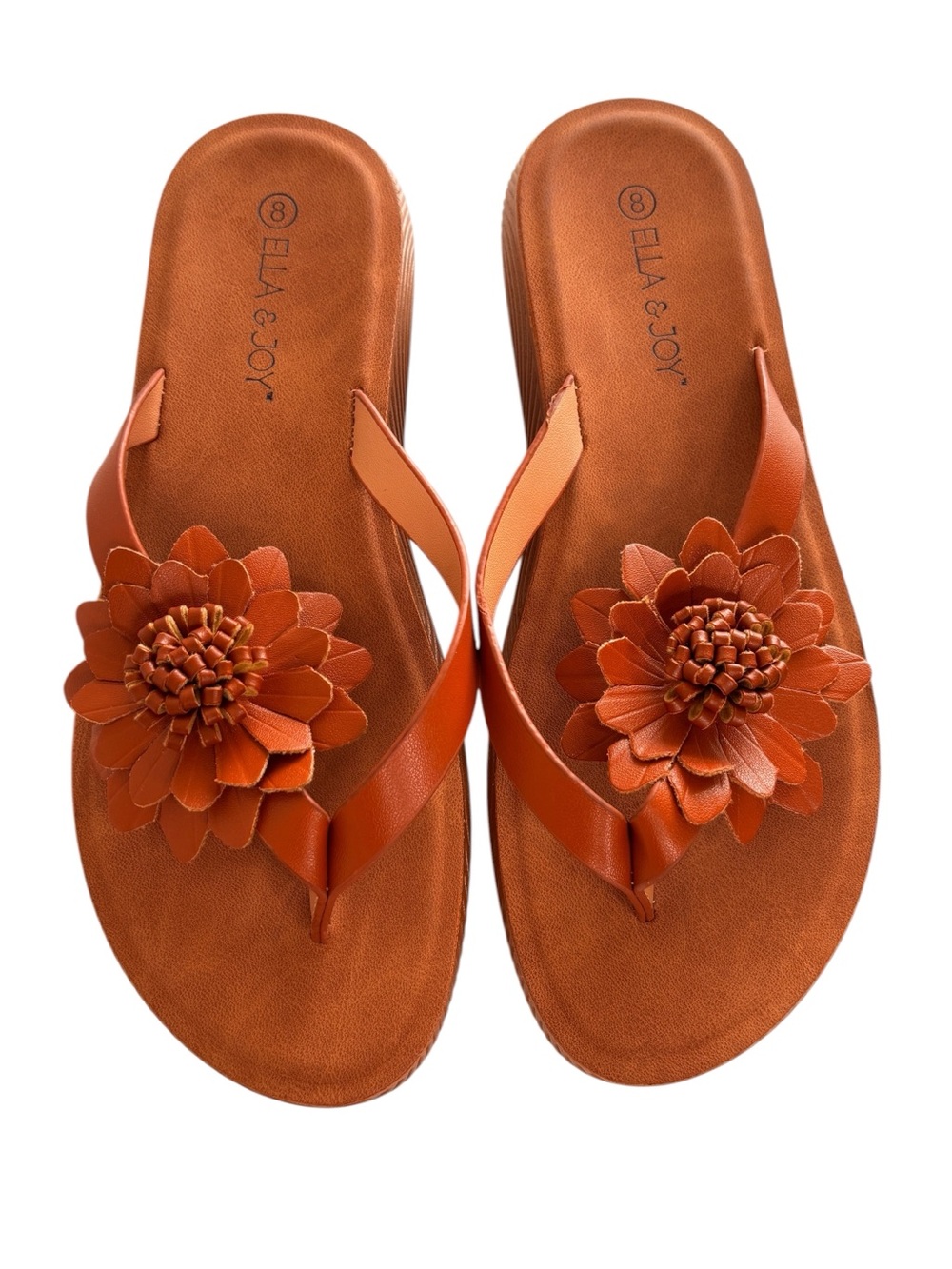 Ella & Joy flip flops Size 8 Leather Like Floral Embellishment Tan Brown New!